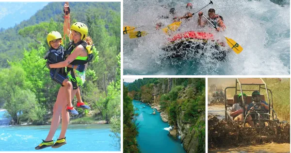 Adventure activities in Antalya, Turkey: ziplining over water, white water rafting, ATV quad biking, and buggy safari for an exciting outdoor experience