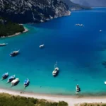 Aerial View of Rocky Antalya Island with Boats