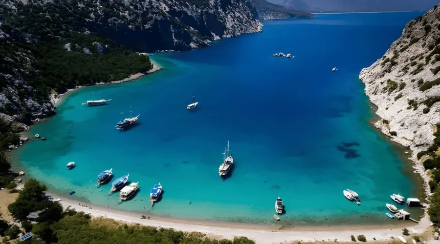 Aerial View of Rocky Antalya Island with Boats