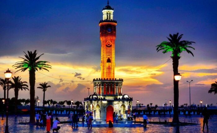 Historic Clock Tower in Konak Square, Izmir, Turkey at dusk