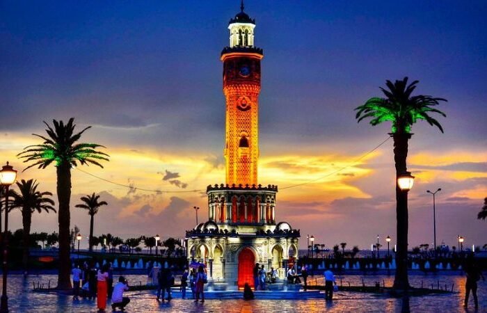 Historic Clock Tower in Konak Square, Izmir, Turkey at dusk