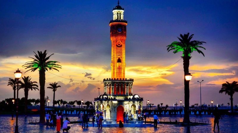 Historic Clock Tower in Konak Square, Izmir, Turkey at dusk