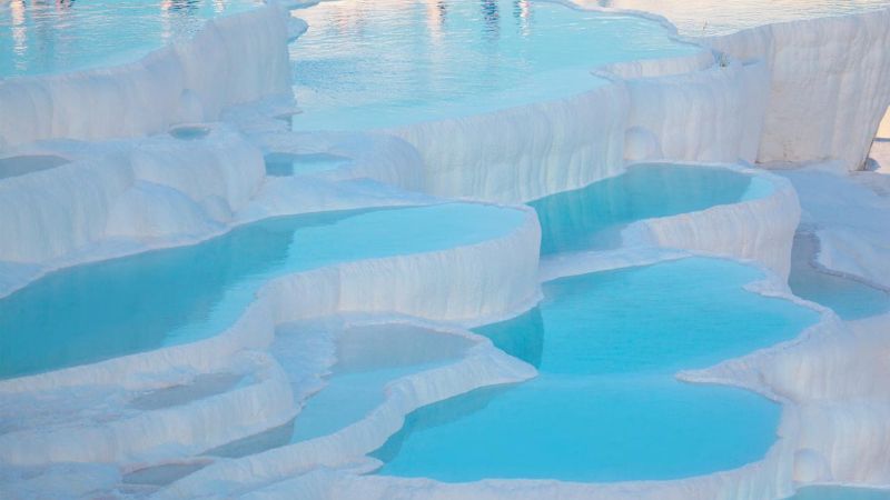 Pamukkale travertines, natural white terraces and thermal pools, Turkey