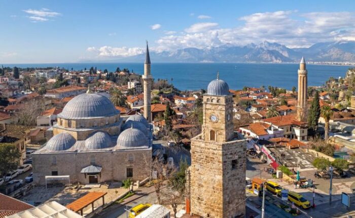 Old Town Antalya (Kaleici) with Clock Tower, Yivli Minaret, and Mediterranean Sea view