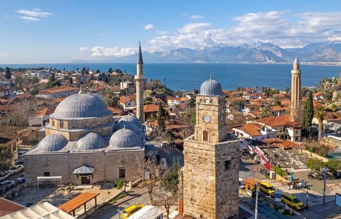 Old Town Antalya (Kaleici) with Clock Tower, Yivli Minaret, and Mediterranean Sea view