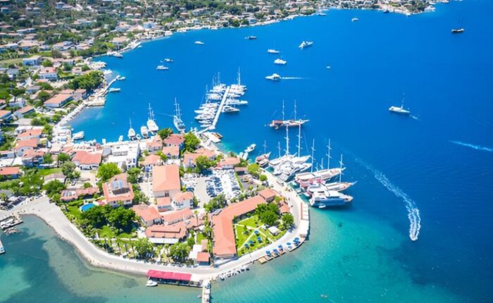 Coastal town of Kalkan, Antalya, Turkey with beach and harbor view