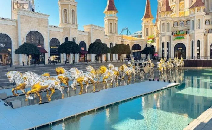 The Land of Legends theme park entrance and castle in Belek, Antalya, Turkey