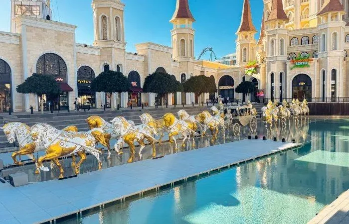 The Land of Legends theme park entrance and castle in Belek, Antalya, Turkey