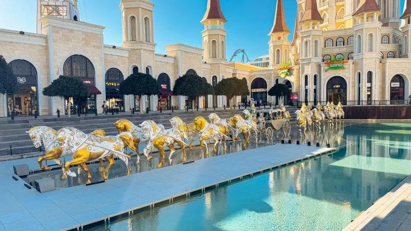 The Land of Legends theme park entrance and castle in Belek, Antalya, Turkey